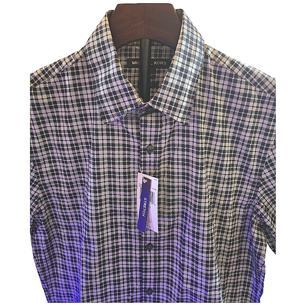 Michael Kors Slim Fit Linen Blend Check Short Sleeve Woven Shirt Size S. NWT
